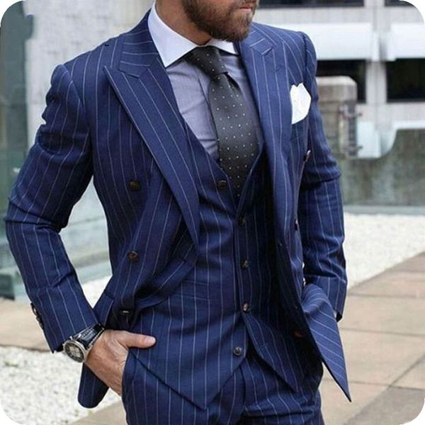 

peaked lapel blue rope stripe men suits formal business man blazer 3piece groom tuxedo classic fit male outfit latest designs costume homme, Black;gray
