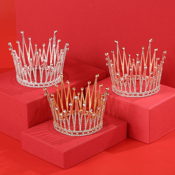 

european round small crown bride headdress flower girl hair accessories wedding dress stage show round crown, Golden;white