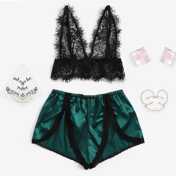 

fashion style women satin pajamas set homewear lace satin sleepwear women floral lingerie set pajamas pigiama donna, Blue;gray