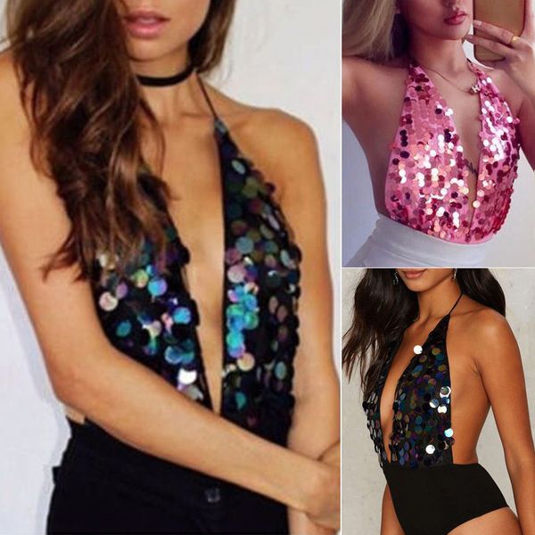 

Women Ladies One-Piece Beachwear Sequins Deep V-Neck Backless Belted Bodysuit Sexy Tops Clothes