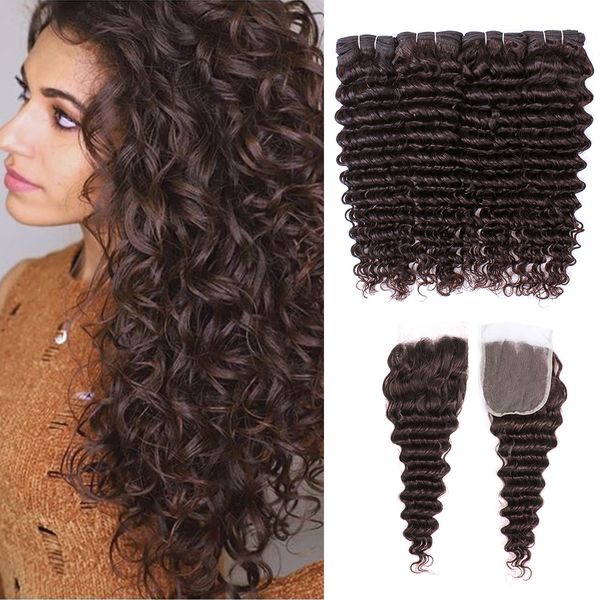 

brazilian deep curly wave bundles #2 dark brown virgin human hair 4 bundles with 4x4 lace closure remy human hair extensions, Black;brown