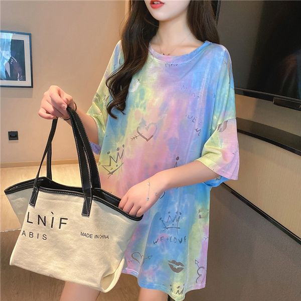 

medium-length t-shirt women's jacket short sleeve 2020 elegant style women's gradient color jacket loose t-shirt skirt, White