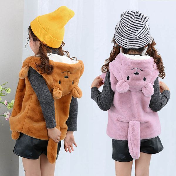 

new 2-6 years girls faux fur vest kids winter warm cute cartoon bear animals cosplay hooded vest jacket children soft outwear, Blue
