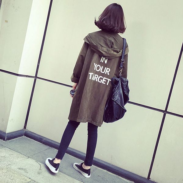 

2019 new women's harajuku letters print outwear hooded windbreaker casual coat heigh quality trench autumn slim trench clothing, Tan;black