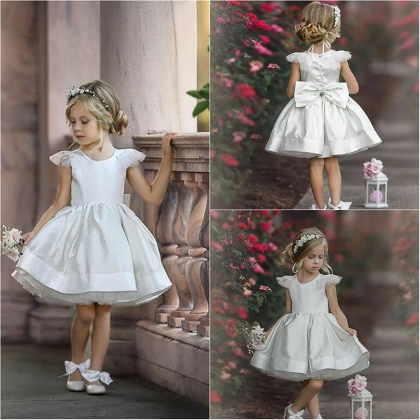 

lovely 2020 flower girls dresses big bow princess tulle short sleeve girls wear for wedding satin knee length girls pegeant dress, White;blue