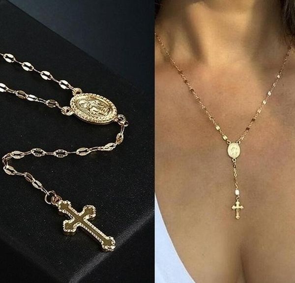 

new vintage cross chain necklace christian cross bohemia religious rosary pendant necklace for women charm jewelry gifts, Silver