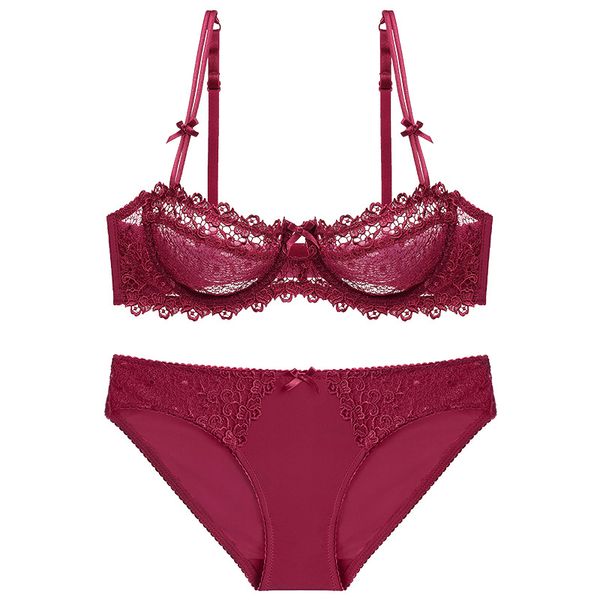 

bras sets underwear set push-up bra and panty 1/2 cup brand blue lace lingerie women deep v brassiere black, Red;black