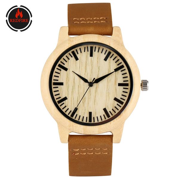 

redfire white bamboo wood men's watch minimalist round dial quartz genuine leather wrist watches casual fashion mens timepiece, Slivery;brown