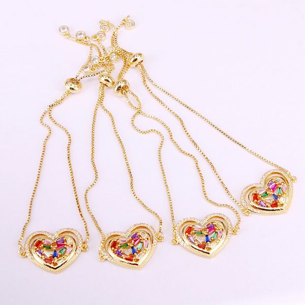 

6pcs, fashion rainbow cz colorful zirconia heart connector bead with adjusted bracelet classic jewelry for women, Black