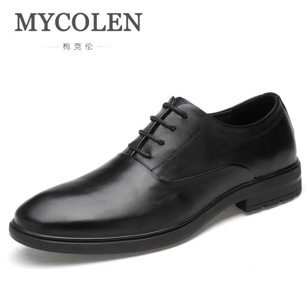 

mecolen brand men dress shoes genuine leather oxford business leisure lace-up leather shoes men chaussures hommes en cuir, Black
