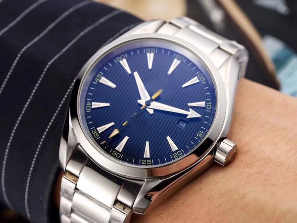 

new style master automatic 8500 movement men watch sea glass back blue dial 316 stainless band watch, Slivery;brown