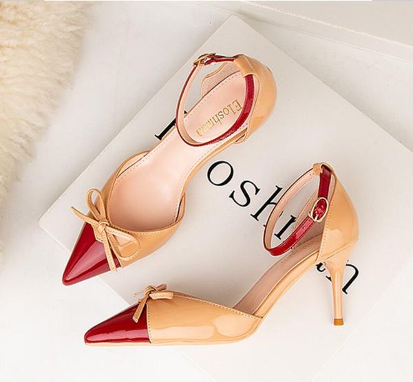 

summer 2020 korean version korean version bowknot fashion high heels light patent leather mosaic color pointy hollow hollowed-out word with, Black