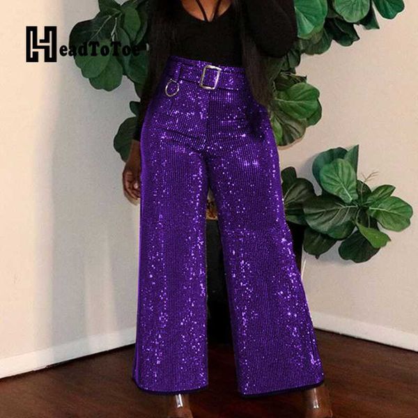 

women glitter belted casual wide leg pants streetwear, Black;white