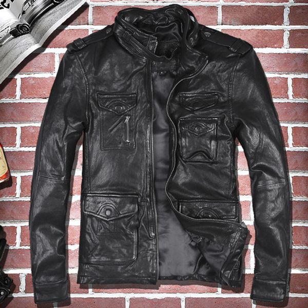 

zvaqs genuine leather jacket men real sheepskin coat motorcycle jacket man vintage leather jackets veste cuir homme 813 pph933, Black