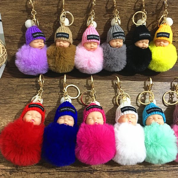 

cute sleeping baby doll keychain pompom rabbit fur ball carabiner key chain keyring women kids key holder bag pendant key ring gift 30colors, Red;brown