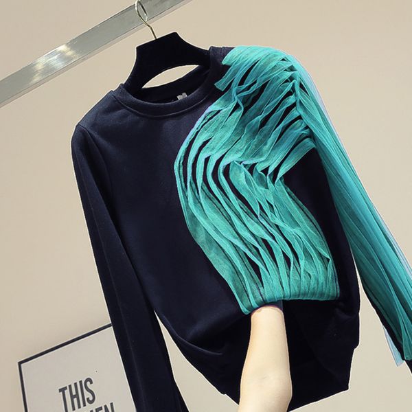 

deat 2020 autumn new mesh stitching o neck black women pullover fashion sweatshirt girls lady streetwear jumper mh104