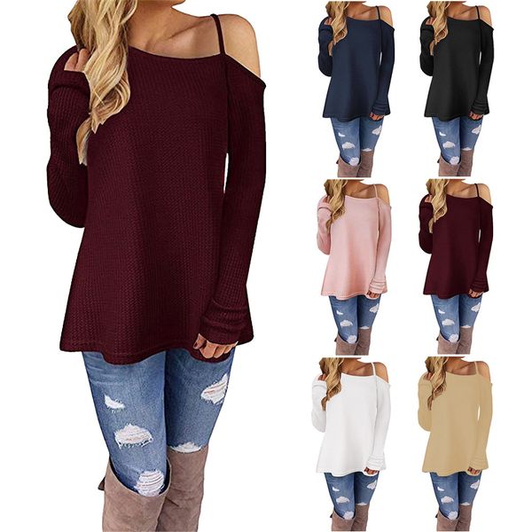 

женская дизайнерская диагональная воротник плечевой ремень с длинным рукавом футболка женский, White