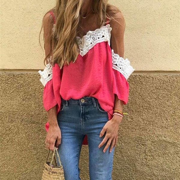 

2020 summer women fashion off shoulder lace v-neck casual blouse, White