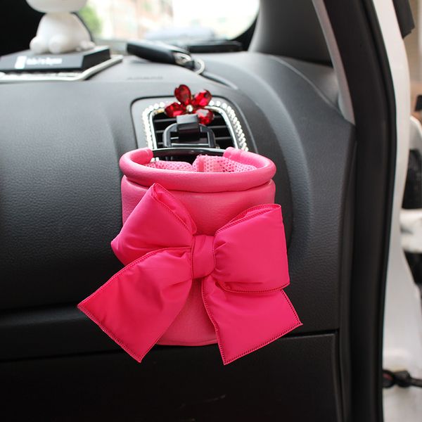 

car outlet air vent storage box leather pink bow auto mobile phone holder bag stowing tidying girls auto interior accessories