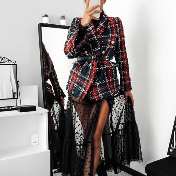 

plaid slim women's blazer double breasted long sleeve female blazer jackets spring autumn wool bends coats pockets elengant, White;black