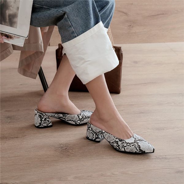 

ymechic vintage snake print block high heel mules red brown white pointed toe womens shoes heels slippers big size summer pumps, Black