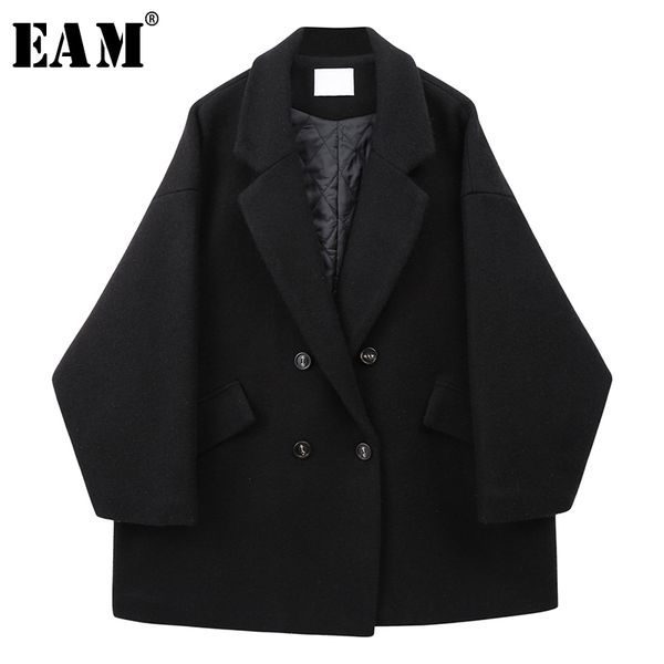 

eam] loose fit black brief big size thick woolen coat parkas new long sleeve women fashion tide autumn winter 2020 1x147