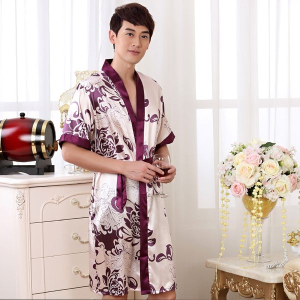 

vintage men satin kimono bath robe printed night gown sleepwear chinese style vintage nightwear size l xl xxl, Black;brown