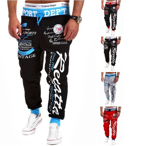 

мужчины новая мода дизайн-стрит штаны полная длина письмо печати весна стиль большой плюс размер прохладный дизайнер pant 5 цветов m -3xl, Black