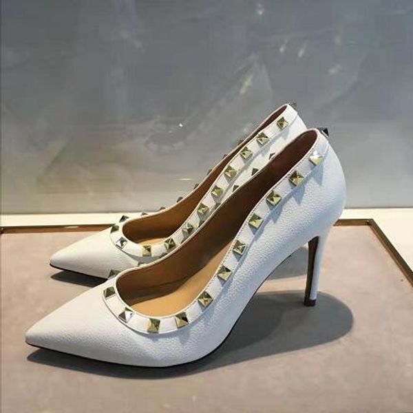 

v classic designer new high heels for ladies, fashionable leather lady pointed rivet party wedding high heels + box, Black
