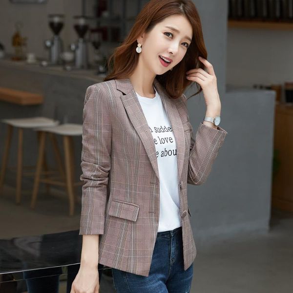 

ladies blazer jacket 2020 tailleur femme pantalon elegant slim full sleeve stripe plaid oversize suit women bleiser feminino, White;black