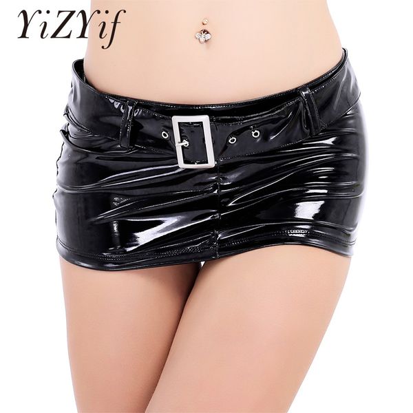 

mini skirt women wetlook patent leather short mini skirt with waist belt loops party clubwear pencil package hip, Black