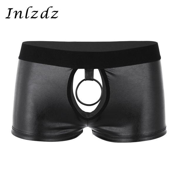 

mens panties lingerie faux leather gay underwear cut out low rise boxer briefs with ball lifter metal o-ring underwear, Black;white