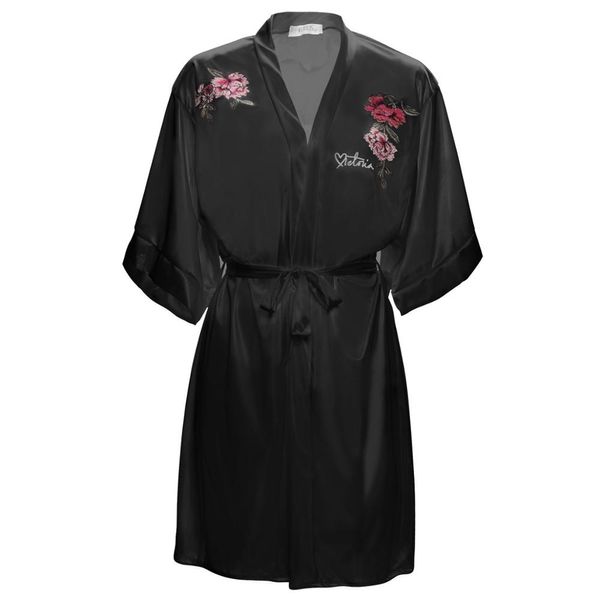 

summer women satin robe rayon kimono bathrobe yukata gown bride bridesmaid wedding robes dressing print flower sleepwear, Black;red