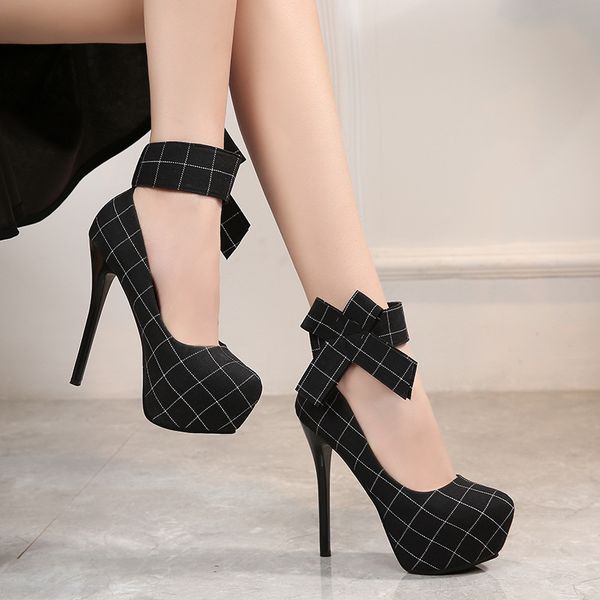 

women pumps shoes cloth bow elegant round toe hook & loop 12cm thin high heels platform shallow club lady party female shoes, Black