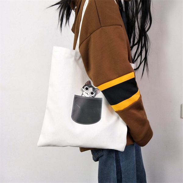 

canvas tote bag for women cloth cartoon shoulder bag new cute cat dog shopping bags female party handbag white / black