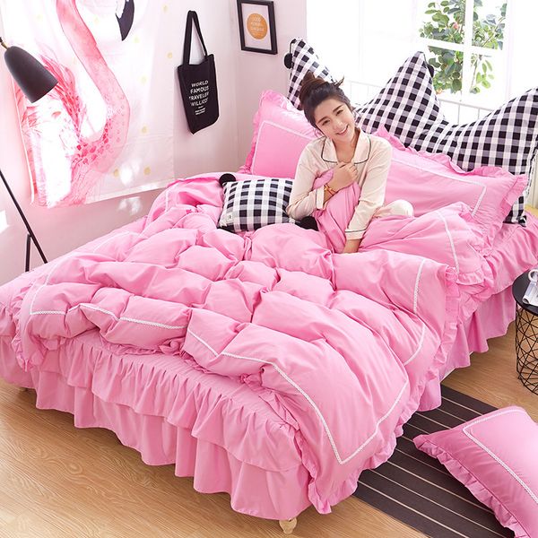 

spring and summer new four-piece double-layer bed skirt cute bedding set brushed and comfortable fabric