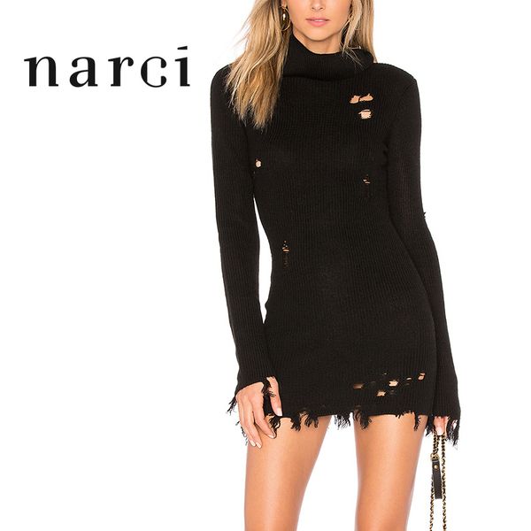 

narci turtleneck knitted sweater mini dress 2019 women with warm cotton casual elegant frayed long sleeve for autumn winter, Black;gray