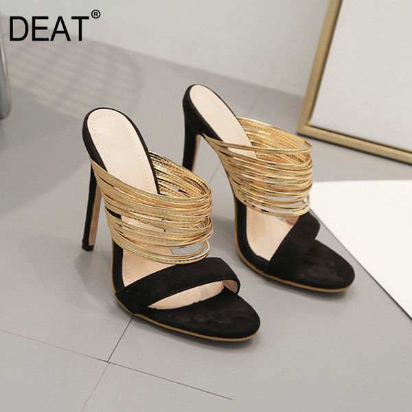 

deat] 2020 new spring summer round toe flock narrow band hit color thin high heels slippers women shoes fashion tide 10g728, Black