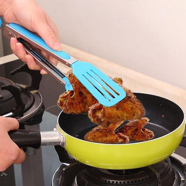 

barbecue clip kitchen cooking salad serving bbq tongs stainless steel handle grilling tool no-stick clip silicone tongs