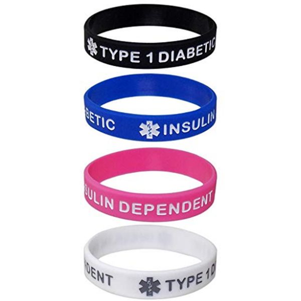 

1pc type 1 diabetes bracelets diabetic silicone medical alert dependent wristbands sizes, Golden;silver