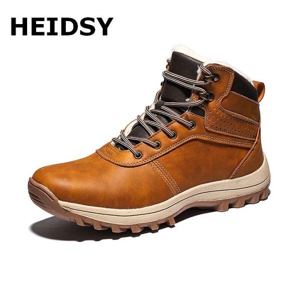 

winter warm men boots leather fur plus men snow boots waterproof working ankle high shoes botas hombre, Black