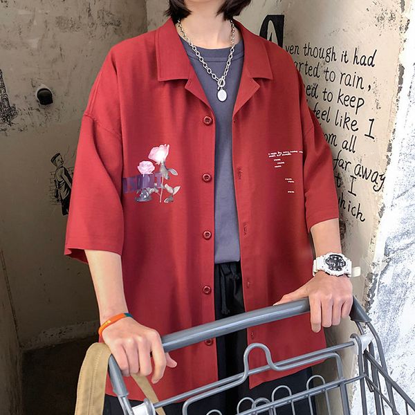 

2020 spring and summer new youth popular loose simple printed single-breasted short-sleeved shirt fashion casual shirt black/red, White;black