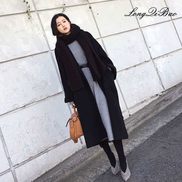 

hepburn wind woolen coat female long section 2018 new autumn and winter korean version of the popular double-sided cashmere wool, Black