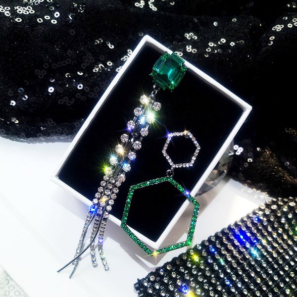 

vintage crystal geometric women dangle earrings green asymmetric long fringed earrings for women drops earrings bohemian earring, Silver
