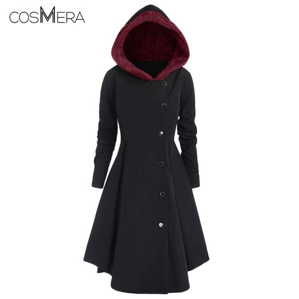 

cosmera plus size contrast asymmetric fleece hooded skirted coat single breasted trench coat women winter long trench femme, Tan;black