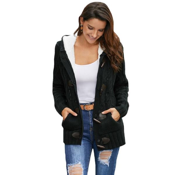 

long sleeve gift party women cardigan with pockets plush loose winter casual knitting warm button down autumn hooded, White