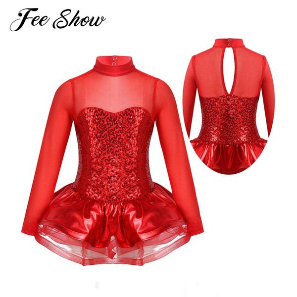 

stage wear kids girls shiny sequins tutu ballet dance dress long sleeves tulle splice keyhole back roller skating leotard performance, Black;red