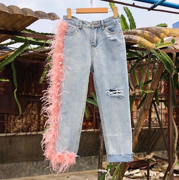 

originally luxury ostrich hair thai tide hole pink feather irregular jeans female light blue j201904000012