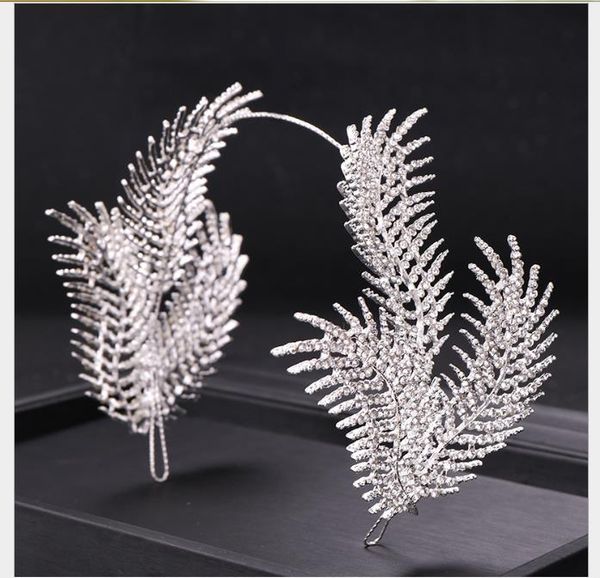 

feather crown hair hoop water drill bride crown headwear marriage jewelry banquet dress accessories, Slivery;golden