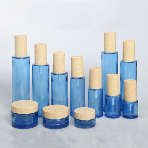 

120ml blue glass cosmetic containers bottle 30g cream jar 80ml spray bottle emulsion lotion pump 20g 50g 30ml 40ml 60ml 100ml